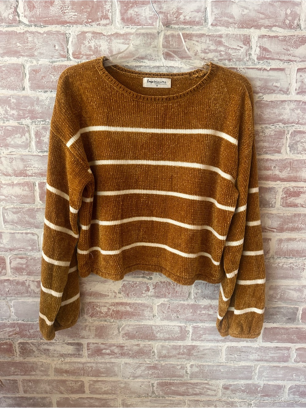 Impressions cropped Rust and White Striped Chenille Crewneck Sweater